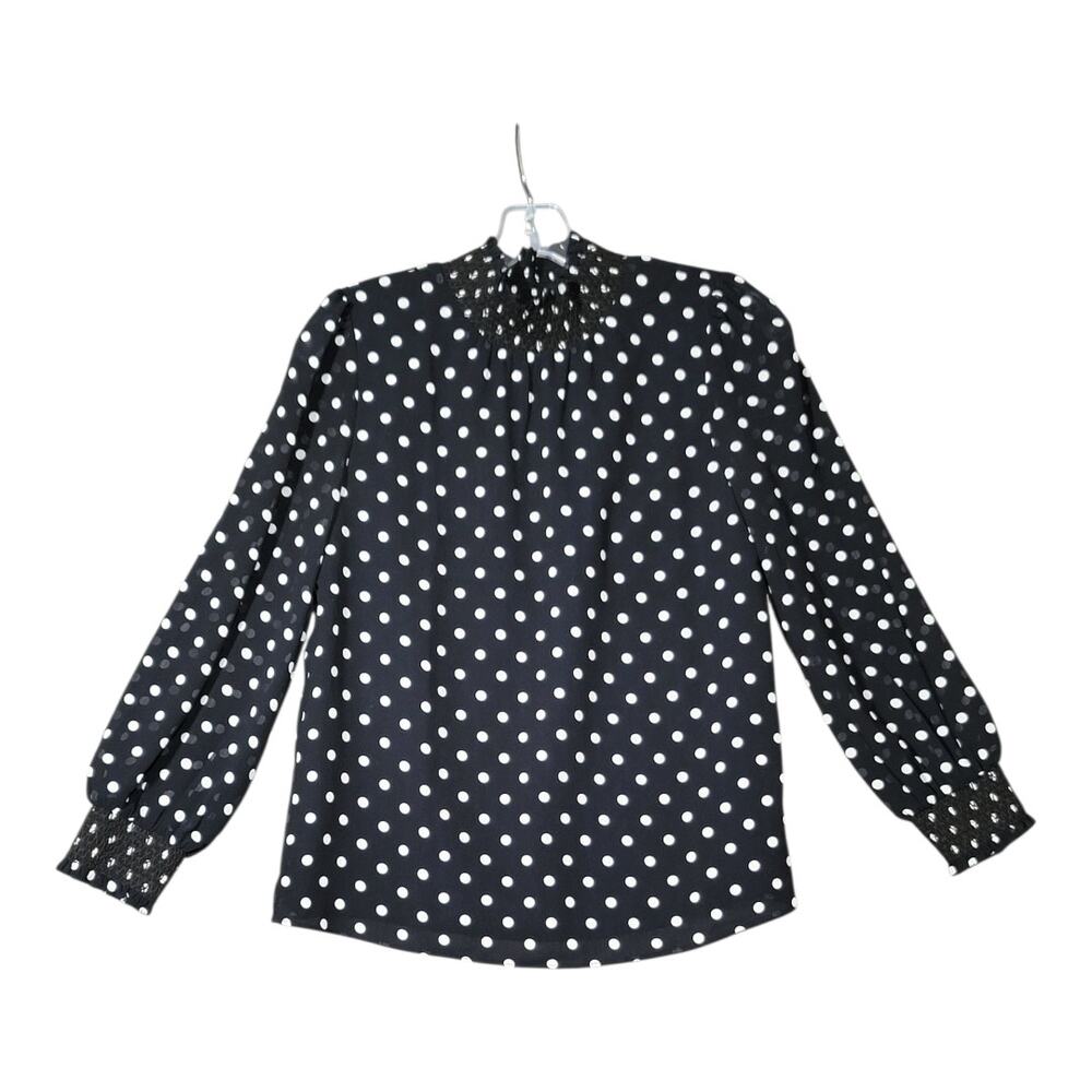 J.Crew Black‎ White Polka Dot Ruched Neckline Long Sleeve Blouse Top Size XXS